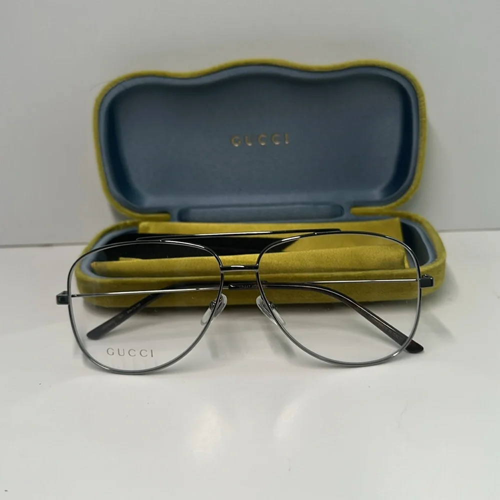 Gucci Silver Aviator Glasses NEW GG0442O Aviator Eyeglasses – Ruthenium / Silver